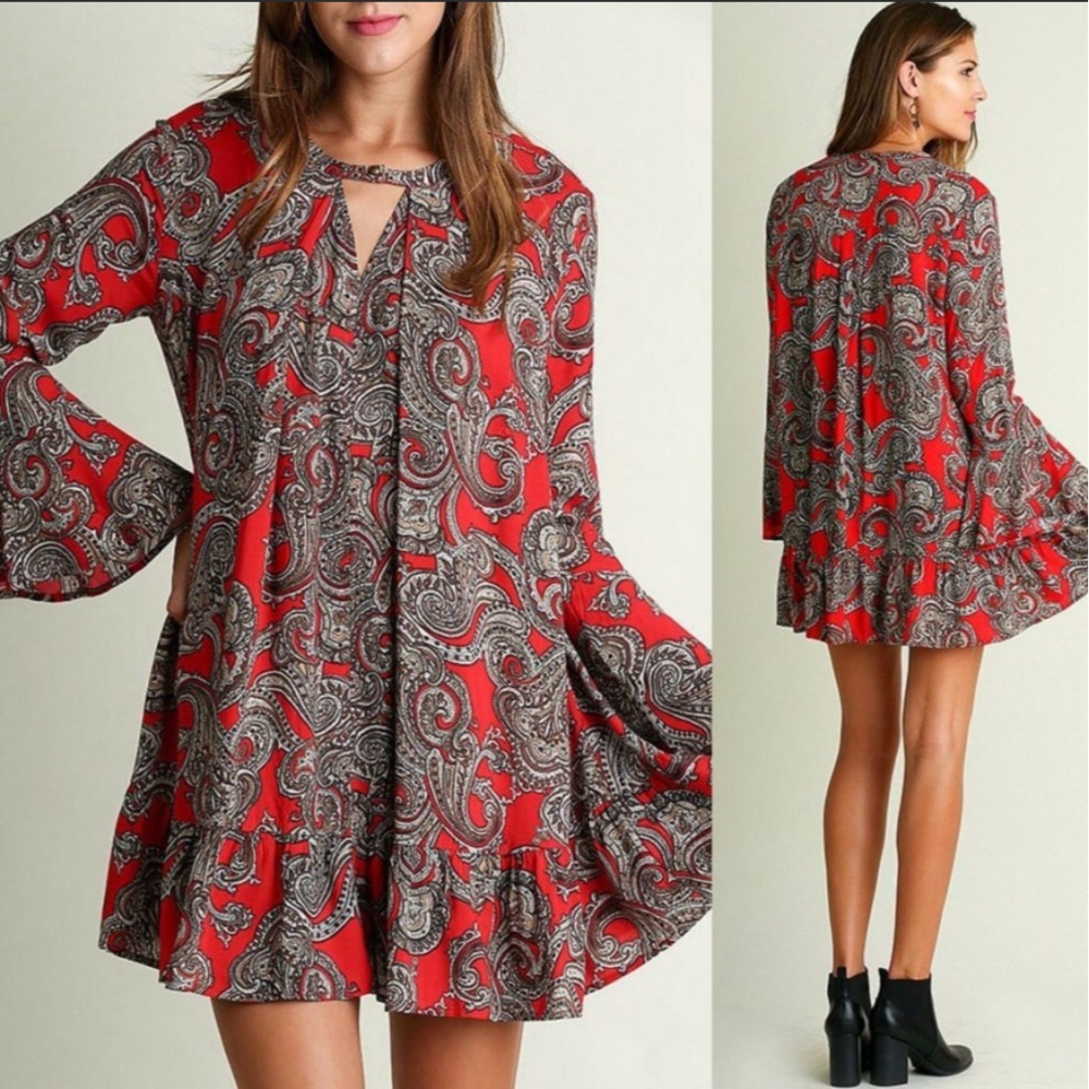 UMGEE Red Gold Dress Bell Long Sleeve Small